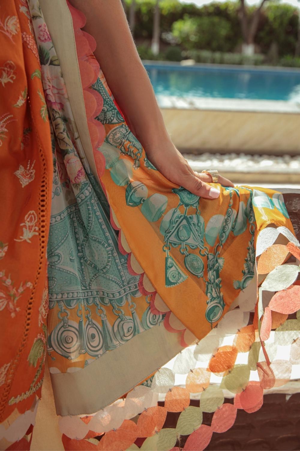 3 PC Unstitched  |  Embroidered Shirt + Digital Printed Silk Dupatta + Dyed Cambric Trouser