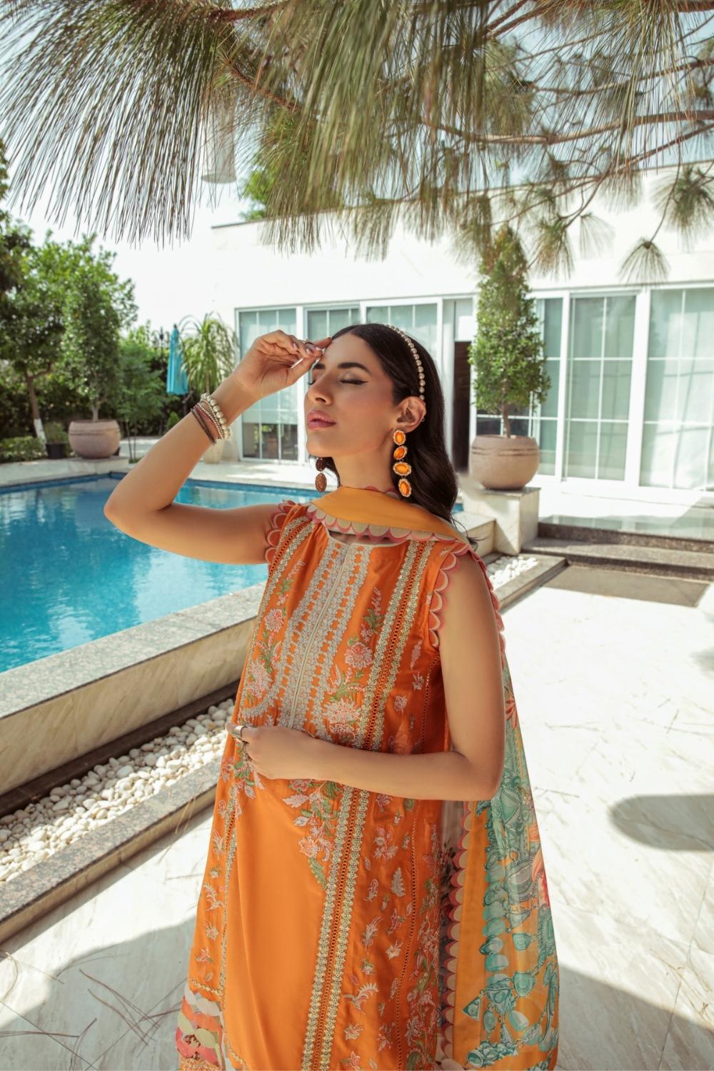 3 PC Unstitched  |  Embroidered Shirt + Digital Printed Silk Dupatta + Dyed Cambric Trouser