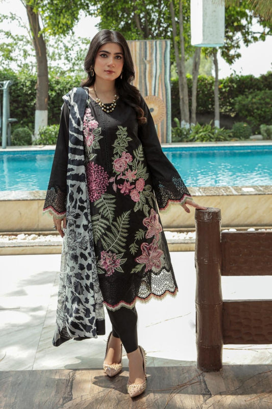 3 PC Unstitched  |  Embroidered Shirt + Digital Printed Chiffon Dupatta + Dyed Cambric Trouser