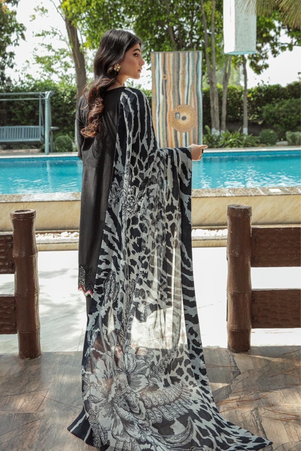 3 PC Unstitched  |  Embroidered Shirt + Digital Printed Chiffon Dupatta + Dyed Cambric Trouser