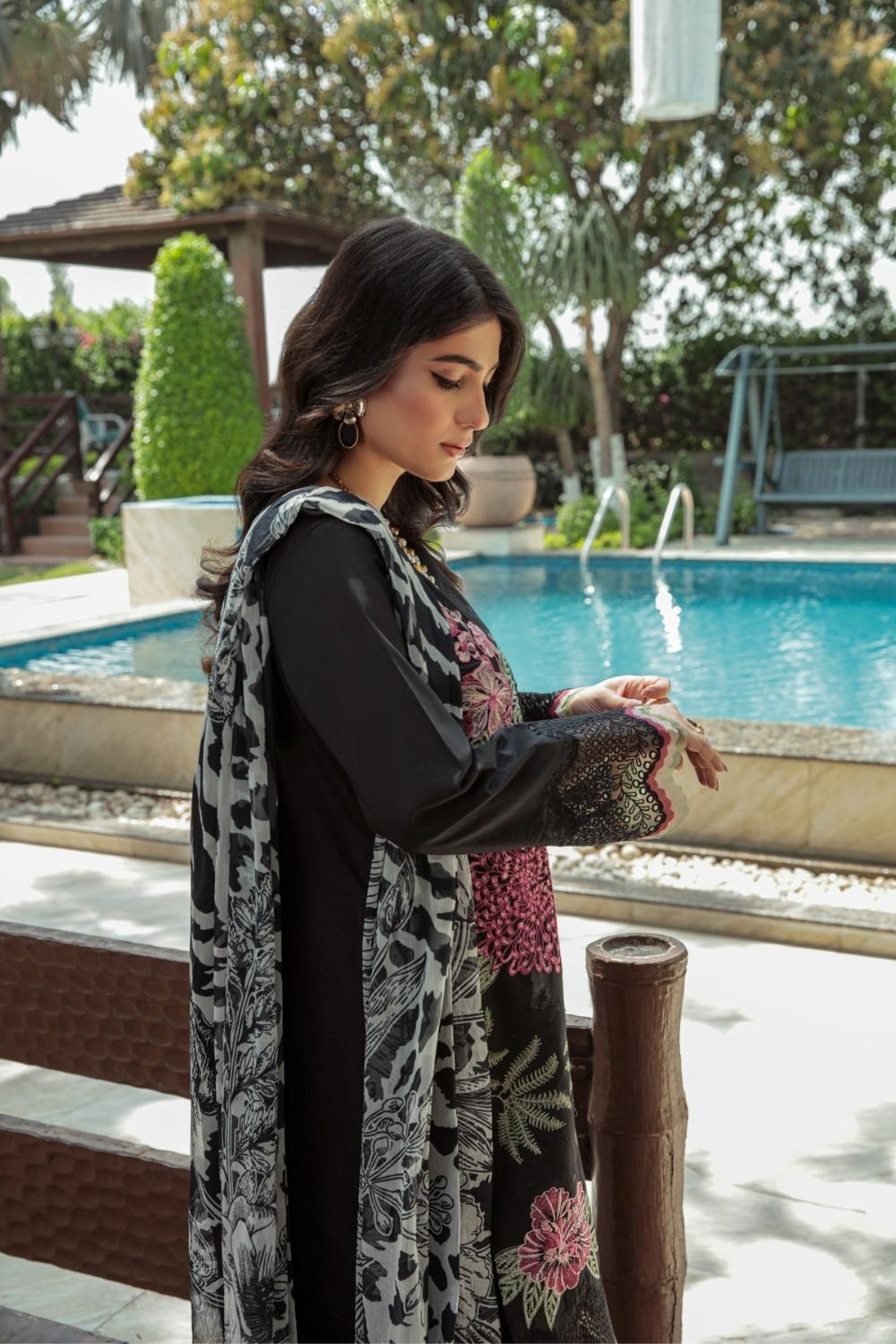 3 PC Unstitched  |  Embroidered Shirt + Digital Printed Chiffon Dupatta + Dyed Cambric Trouser