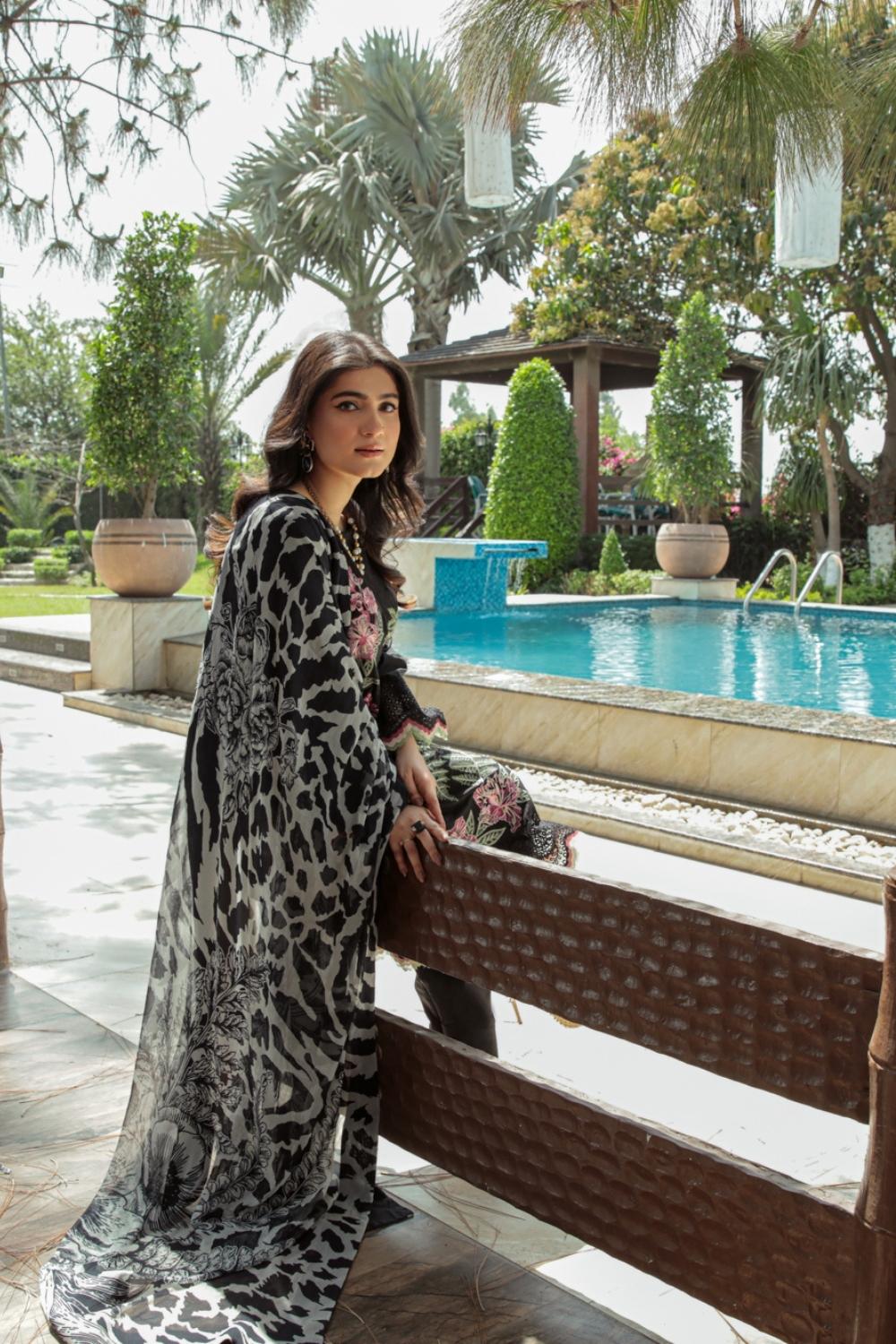 3 PC Unstitched  |  Embroidered Shirt + Digital Printed Chiffon Dupatta + Dyed Cambric Trouser