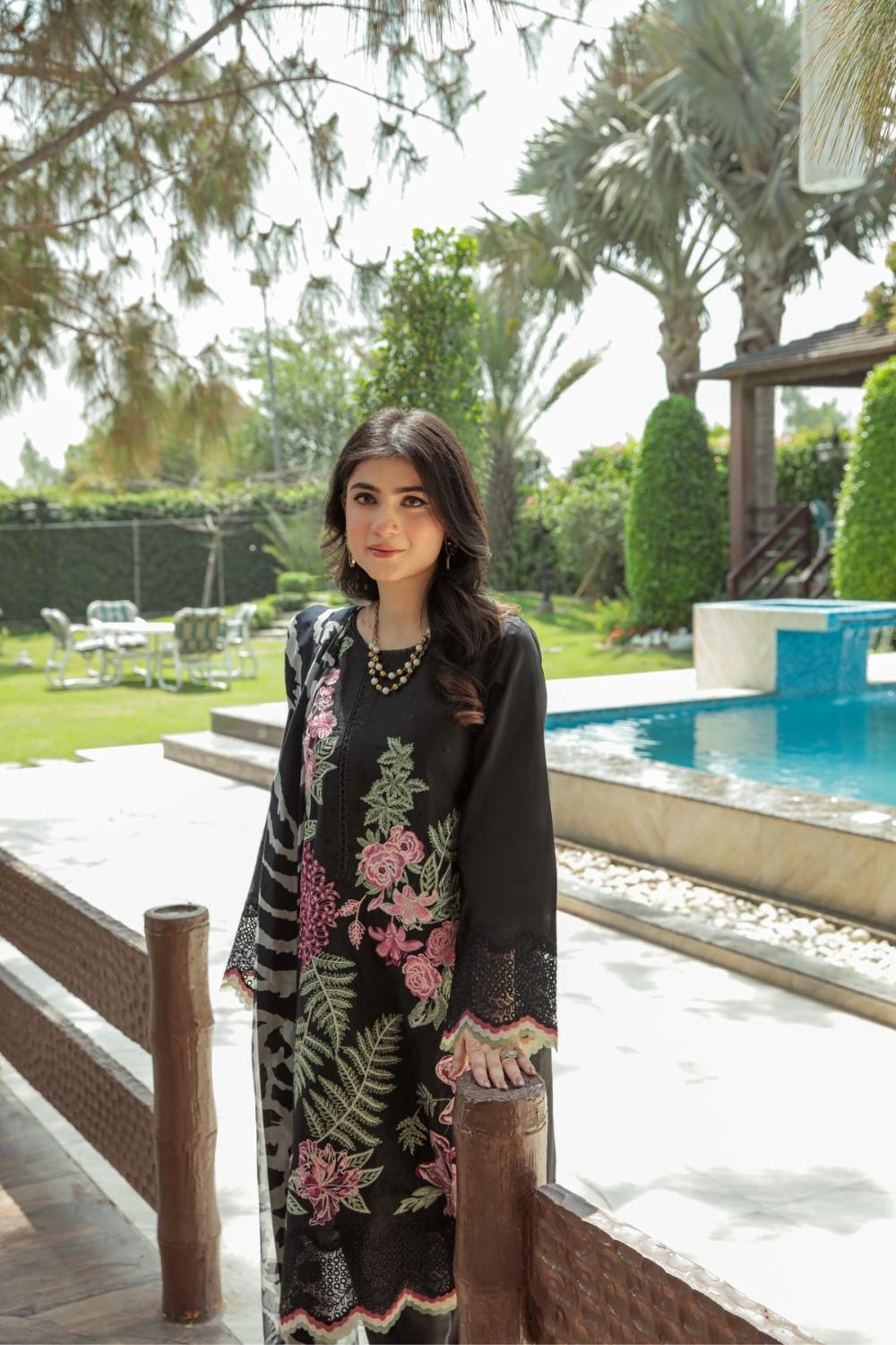 3 PC Unstitched  |  Embroidered Shirt + Digital Printed Chiffon Dupatta + Dyed Cambric Trouser