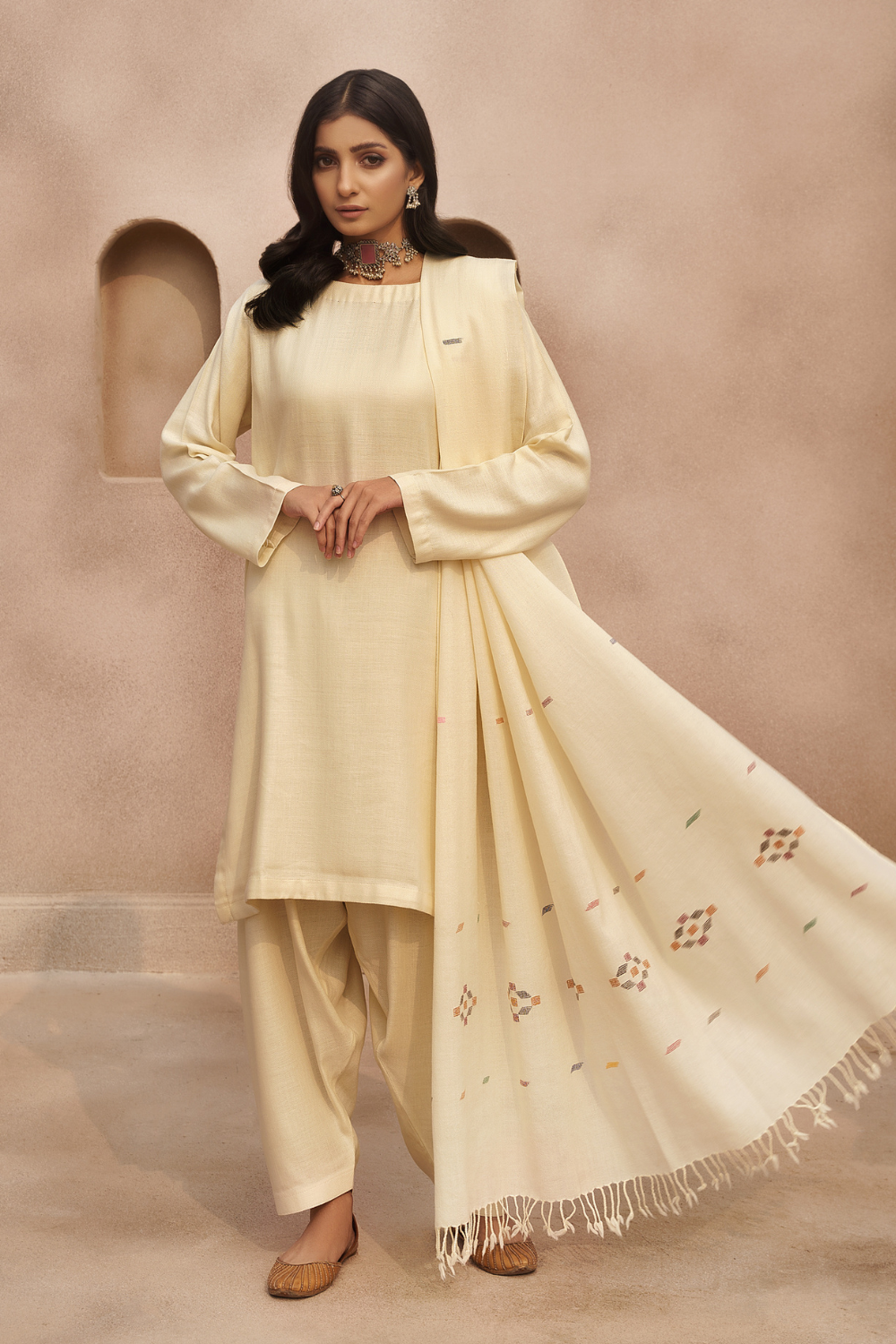 3 PC Stitched | Viscose Cotton Suit+ Embroidered Wool Shawl