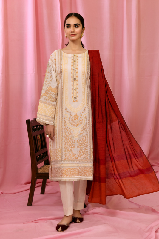 3 PC Stitched | Embroidered Jacquard Suit