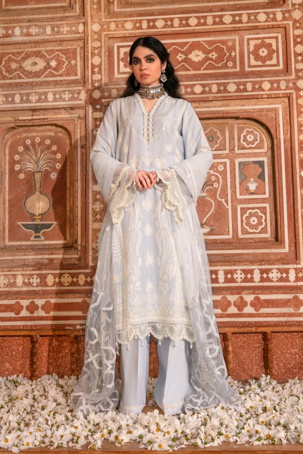 3 PC Unstitched Dyed Embroidered Dobby Shirt + Embroidered Net Dupatta + Dyed Cambric Trouser