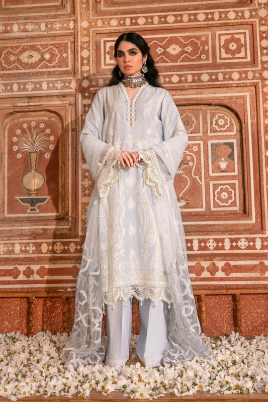 3 PC Unstitched Dyed Embroidered Dobby Shirt + Embroidered Net Dupatta + Dyed Cambric Trouser