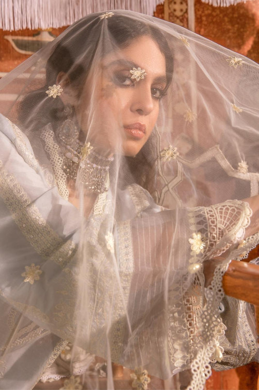 3 PC Unstitched Dyed Embroidered Dobby Shirt + Embroidered Net Dupatta + Dyed Cambric Trouser