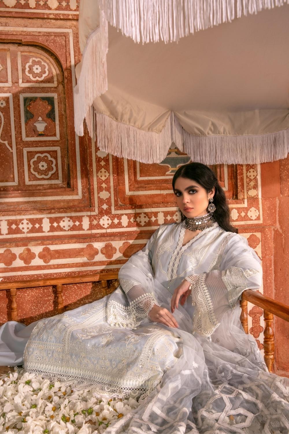 3 PC Unstitched Dyed Embroidered Dobby Shirt + Embroidered Net Dupatta + Dyed Cambric Trouser