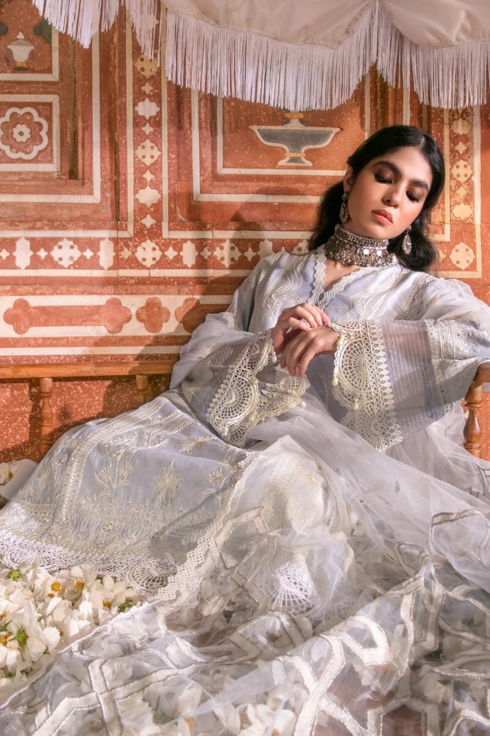 3 PC Unstitched Dyed Embroidered Dobby Shirt + Embroidered Net Dupatta + Dyed Cambric Trouser