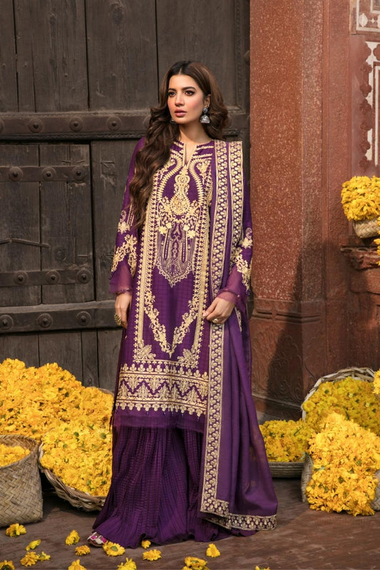 3 PC Unstitched Dyed Embroidered Dobby Shirt + Dyed Slub Karandi Dupatta + Dyed Cambric Trouser