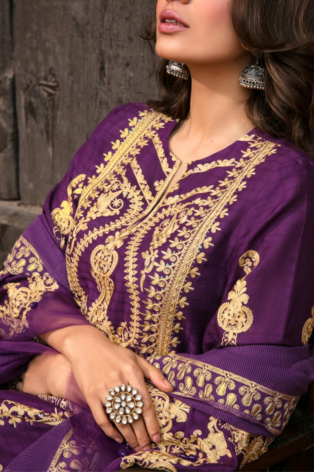 3 PC Unstitched Dyed Embroidered Dobby Shirt + Dyed Slub Karandi Dupatta + Dyed Cambric Trouser