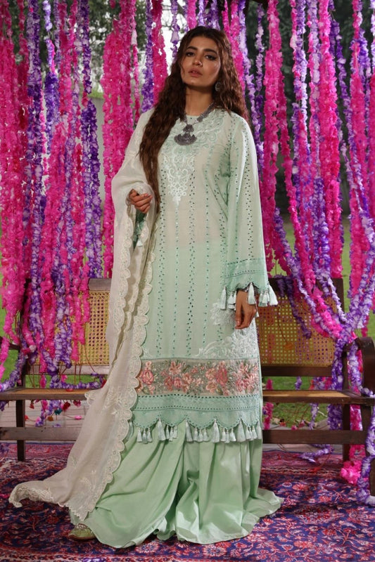 3 PC Unstitched Dyed Schiffli Shirt + Embroidered Slub Karandi Dupatta + Dyed Cambric Trouser