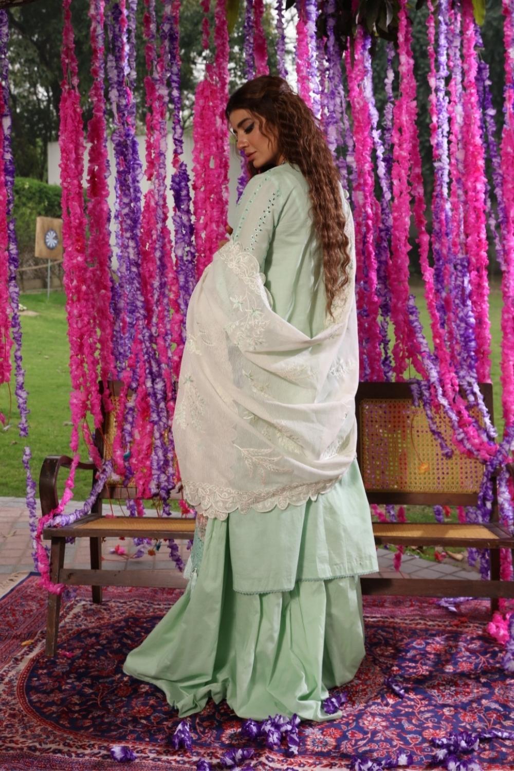 3 PC Unstitched Dyed Schiffli Shirt + Embroidered Slub Karandi Dupatta + Dyed Cambric Trouser
