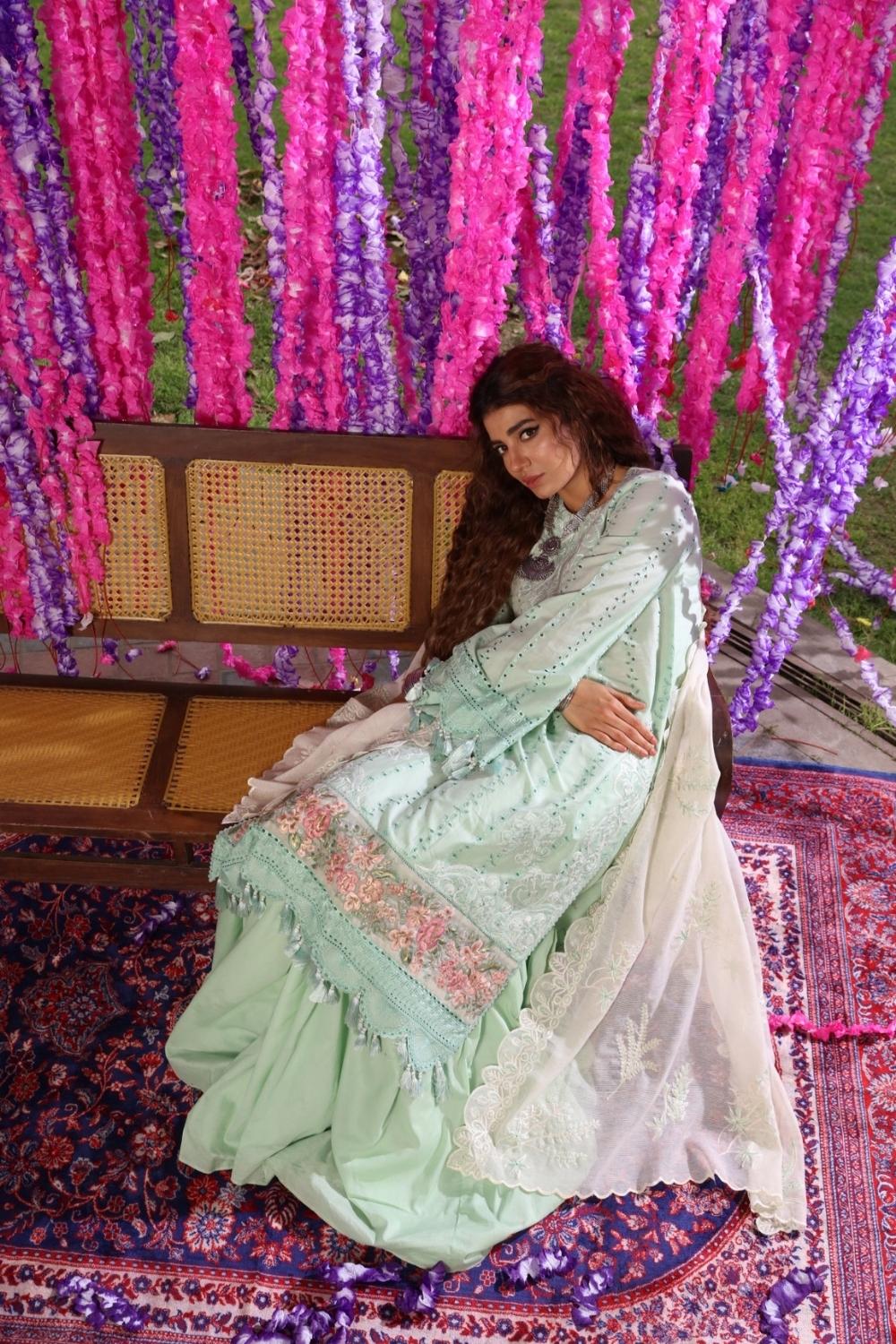 3 PC Unstitched Dyed Schiffli Shirt + Embroidered Slub Karandi Dupatta + Dyed Cambric Trouser