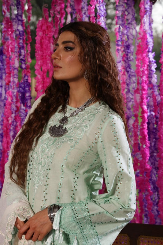3 PC Unstitched Dyed Schiffli Shirt + Embroidered Slub Karandi Dupatta + Dyed Cambric Trouser