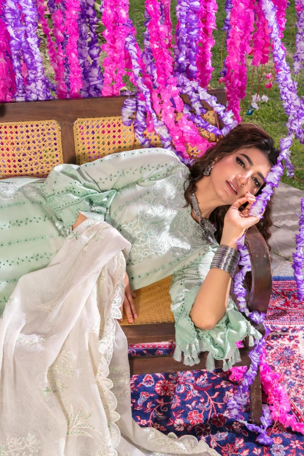 3 PC Unstitched Dyed Schiffli Shirt + Embroidered Slub Karandi Dupatta + Dyed Cambric Trouser