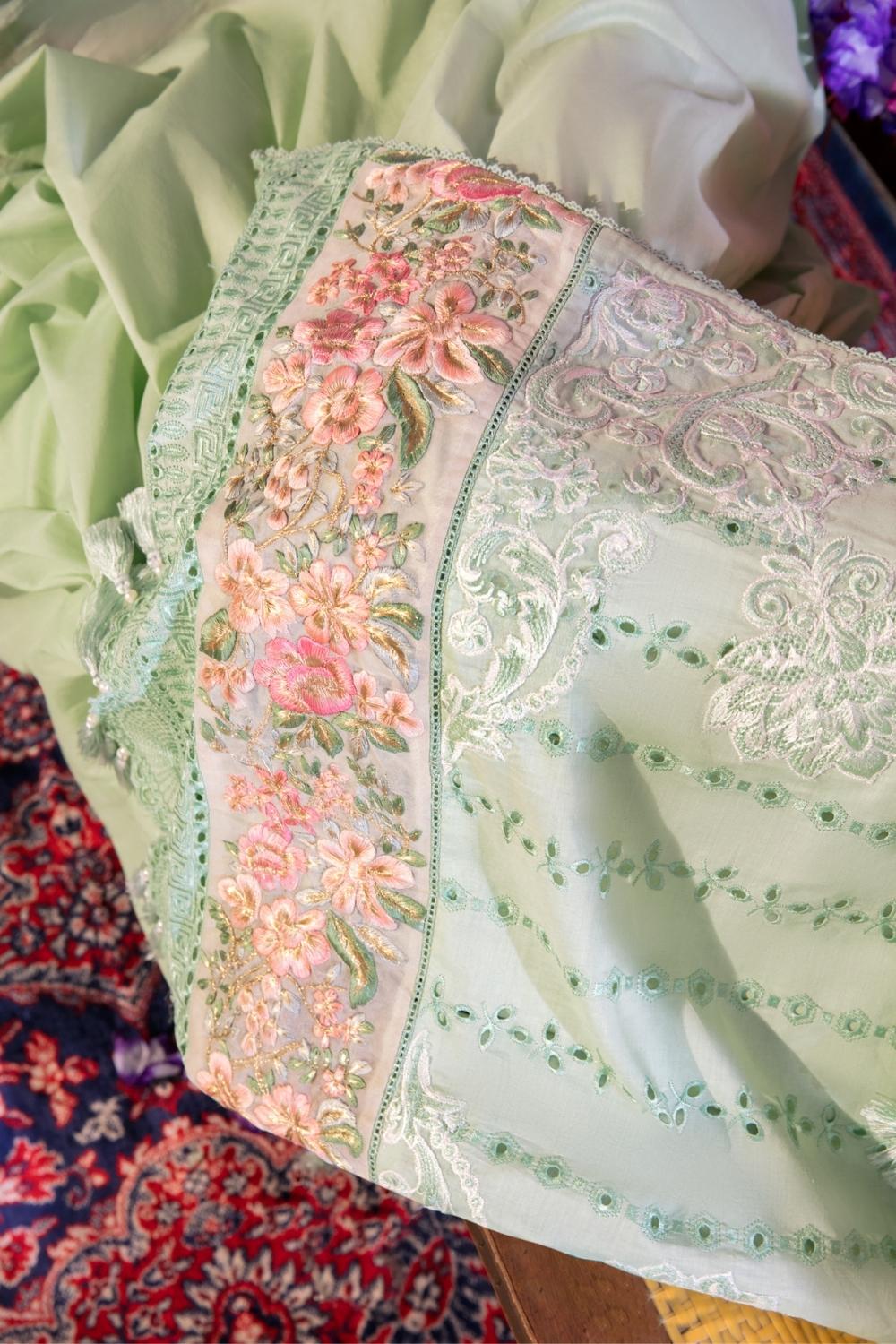 3 PC Unstitched Dyed Schiffli Shirt + Embroidered Slub Karandi Dupatta + Dyed Cambric Trouser