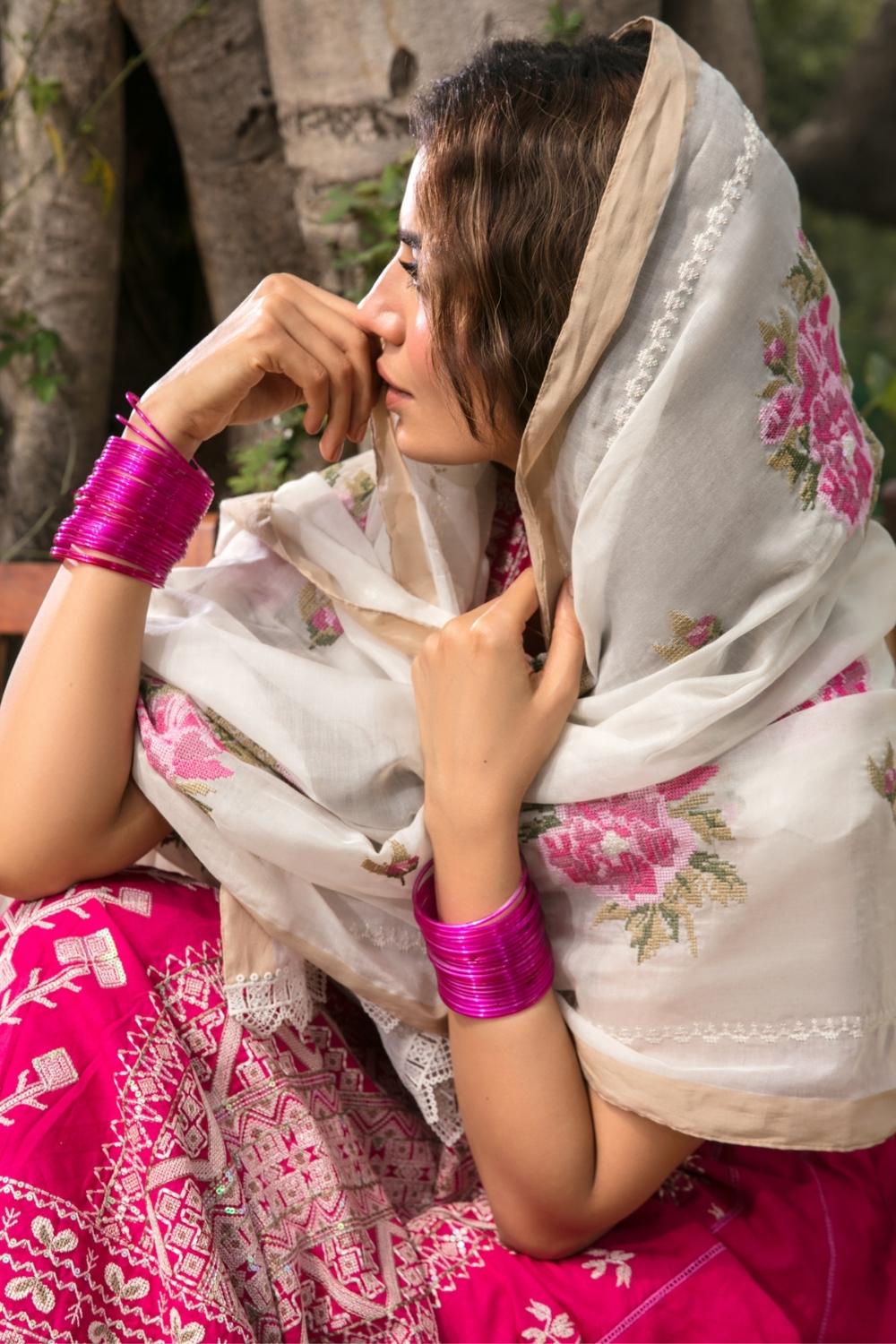 3 PC Unstitched Dyed Embroidered Dobby Shirt + Embroidered  Malmal Dupatta + Dyed Cambric Trouser