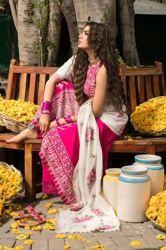 3 PC Unstitched Dyed Embroidered Dobby Shirt + Embroidered Malmal Dupatta + Dyed Cambric Trouser