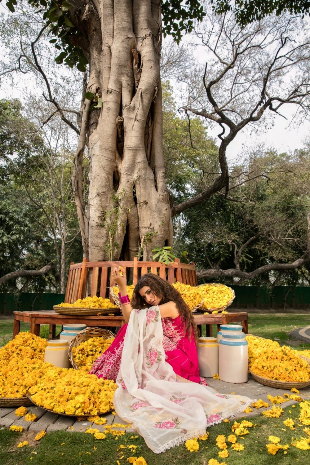 3 PC Unstitched Dyed Embroidered Dobby Shirt + Embroidered  Malmal Dupatta + Dyed Cambric Trouser