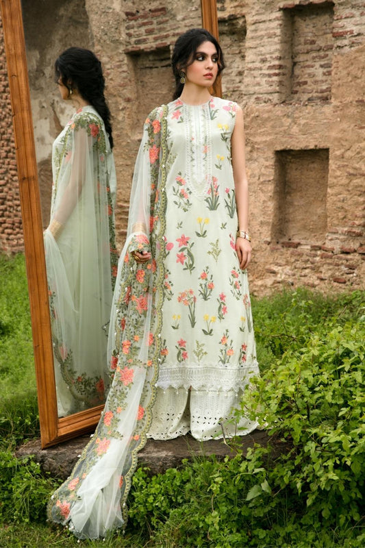 3 PC Unstitched Dyed Embroidered Shirt + Embroidered Net Dupatta  + Dyed Cambric Trouser