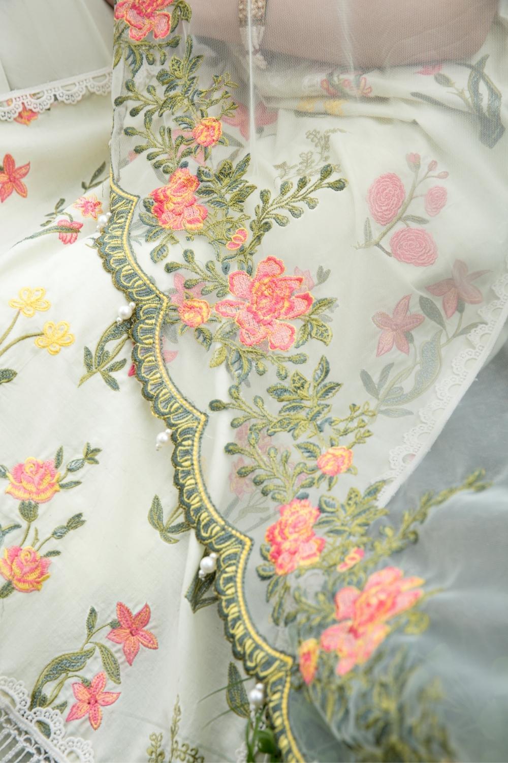 3 PC Unstitched Dyed Embroidered Shirt + Embroidered Net Dupatta  + Dyed Cambric Trouser