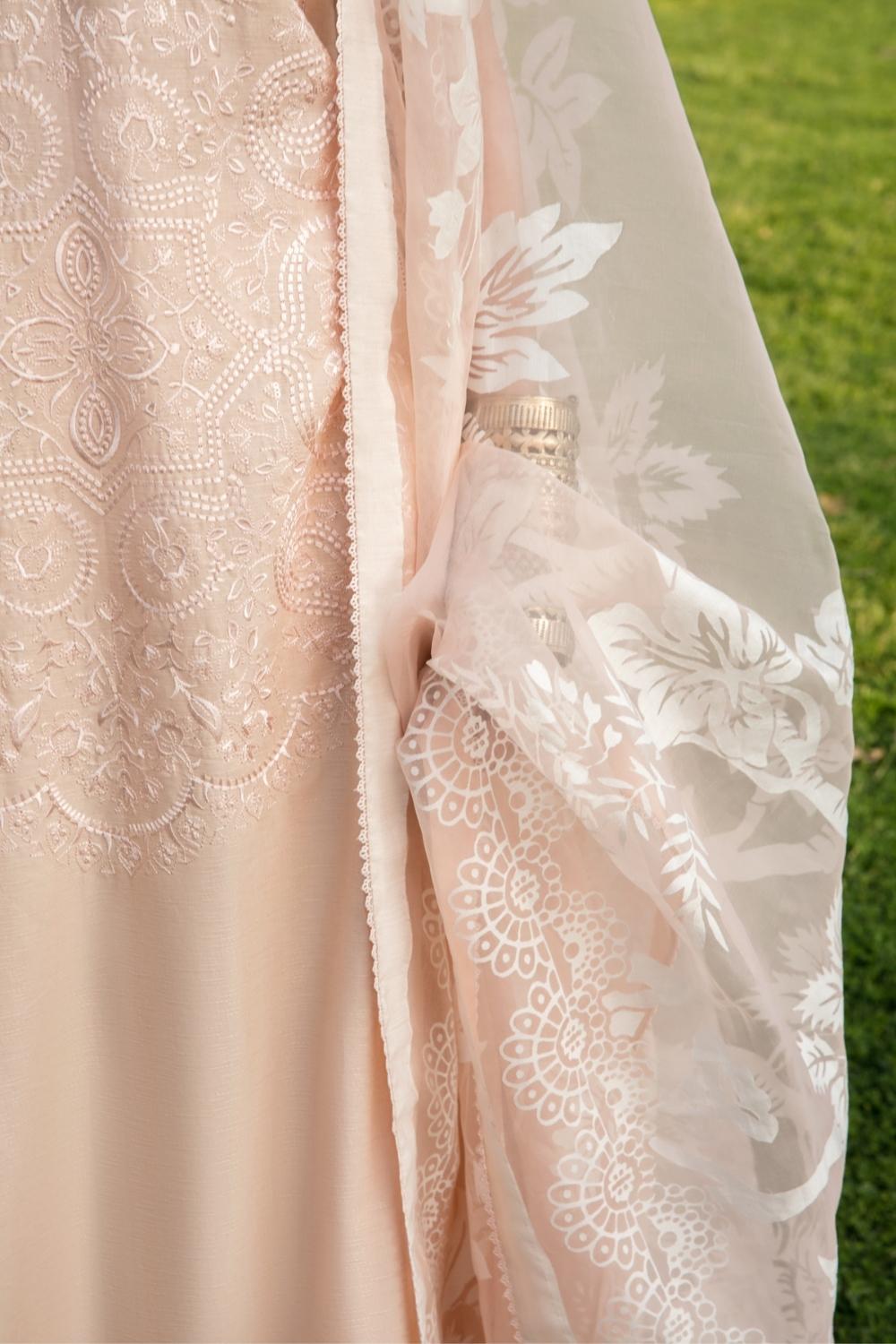 3 PC Unstitched Dyed Embroidered Dobby Shirt + Jacquard Organza Dupatta+ Dyed Cambric Trouser