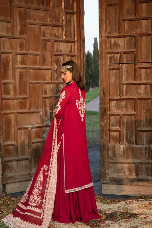 3 PC Unstitched Dyed Embroidered Shirt + Emboss Paste Slub Karandi Dupatta + Dyed Cambric Trouser