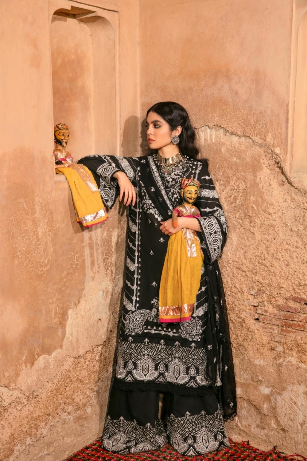 3 PC Unstitched Dyed Embroidered Shirt + Embroidered Chiffon Dupatta + Dyed Cambric Trouser