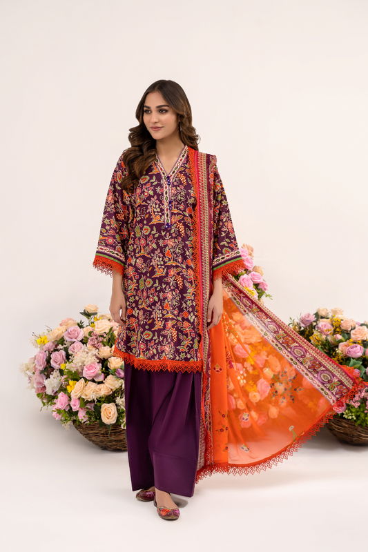 2PC Unstitched | Printed Jacquard Shirt + Chiffon Dupatta