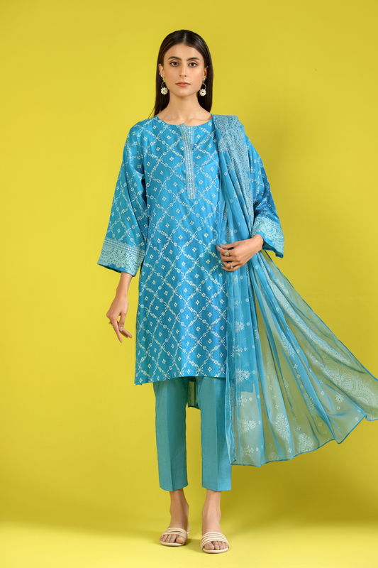 3 PC Unstitched | Printed Lawn Shirt + Trouser | Chiffon Dupatta