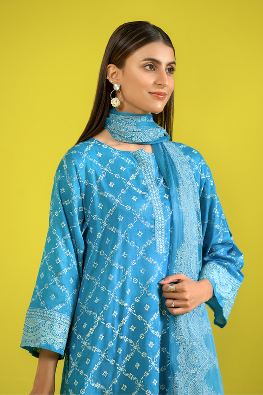 3 PC Unstitched | Printed Lawn Shirt + Trouser | Chiffon Dupatta