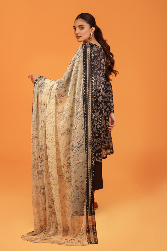 3 PC Unstitched | Printed Lawn Shirt + Trouser | Chiffon Dupatta