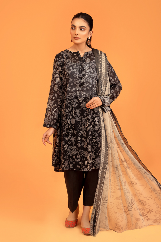 3 PC Unstitched | Printed Lawn Shirt + Trouser | Chiffon Dupatta