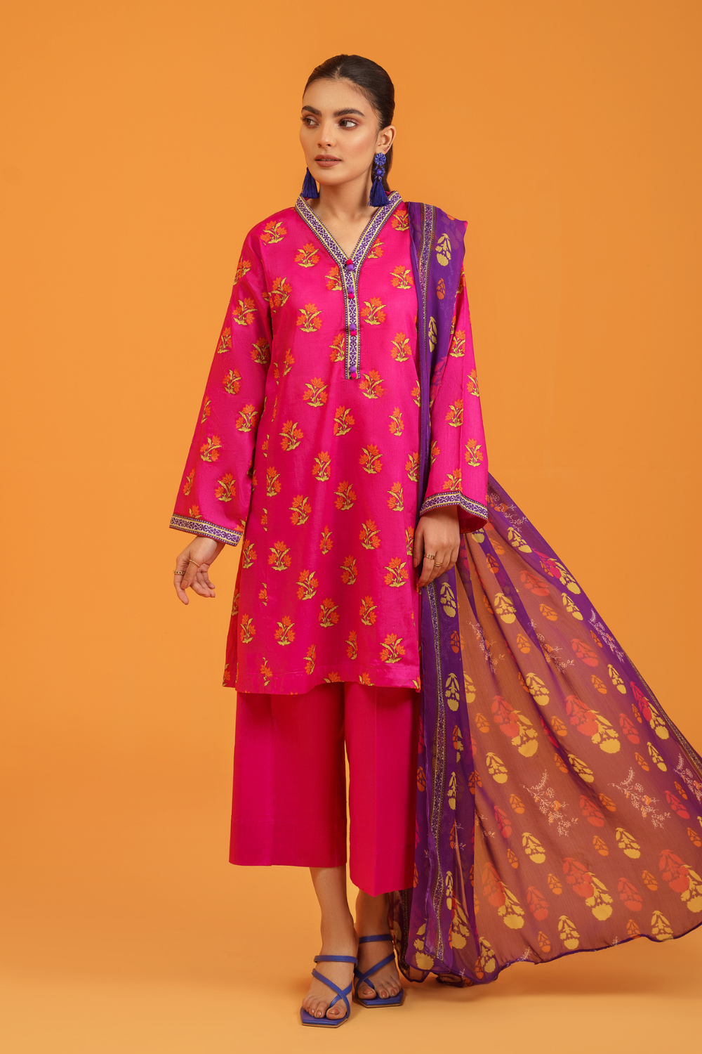 3 PC Unstitched | Printed Lawn Shirt + Trouser | Chiffon Dupatta