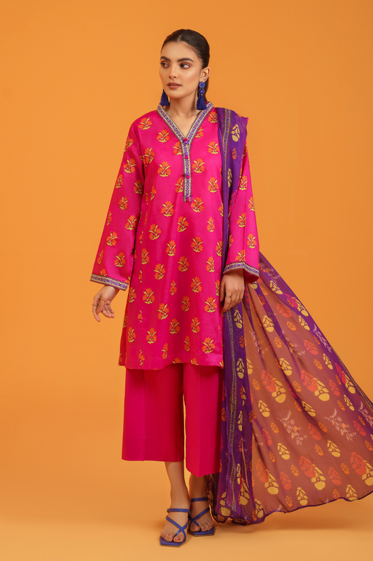3 PC Unstitched | Printed Lawn Shirt + Trouser | Chiffon Dupatta