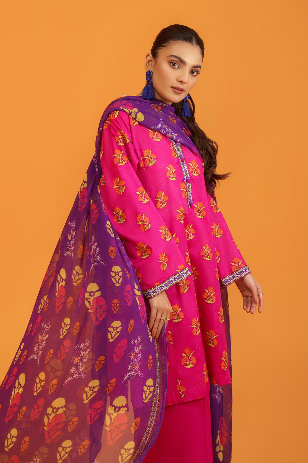 3 PC Unstitched | Printed Lawn Shirt + Trouser | Chiffon Dupatta