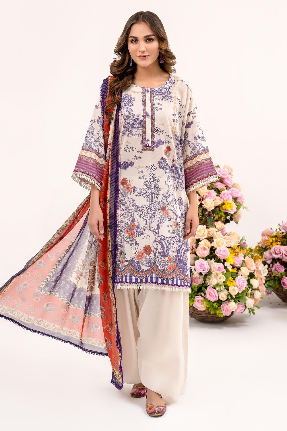 3 PC Unstitched | Printed Lawn Shirt + Trouser | Chiffon Dupatta