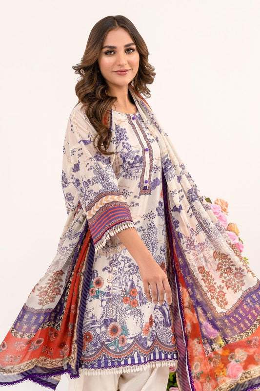 3 PC Unstitched | Printed Lawn Shirt + Trouser | Chiffon Dupatta