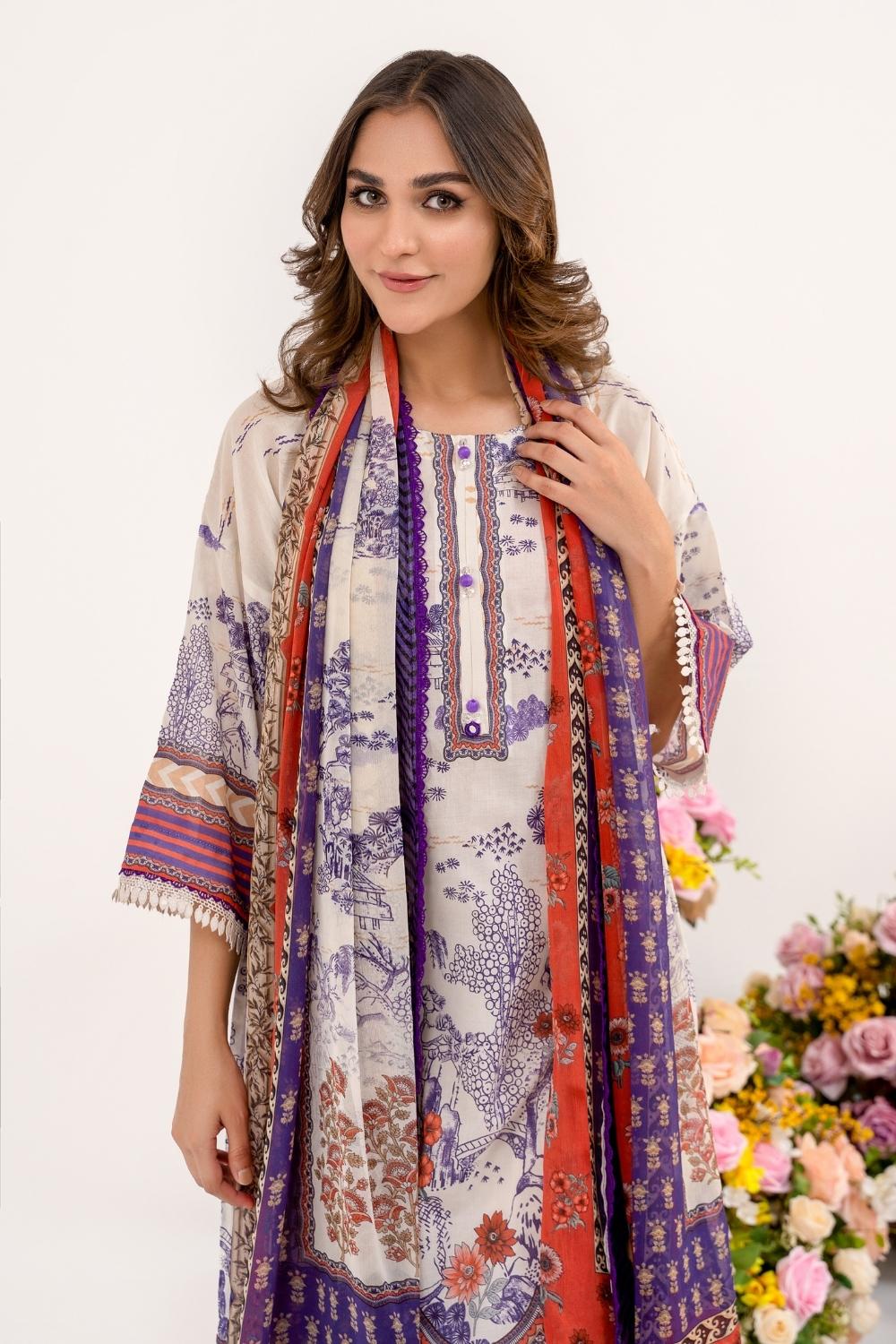 3 PC Unstitched | Printed Lawn Shirt + Trouser | Chiffon Dupatta