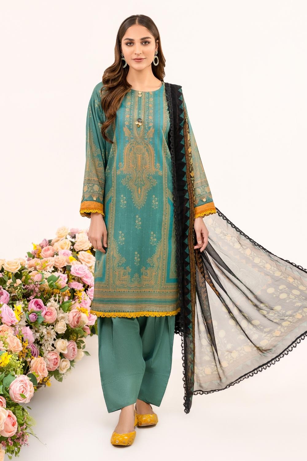3 PC Unstitched | Printed Lawn Shirt + Trouser | Chiffon Dupatta