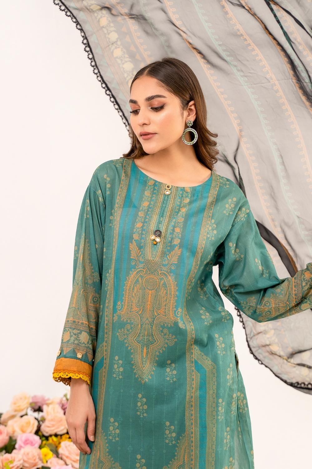 3 PC Unstitched | Printed Lawn Shirt + Trouser | Chiffon Dupatta