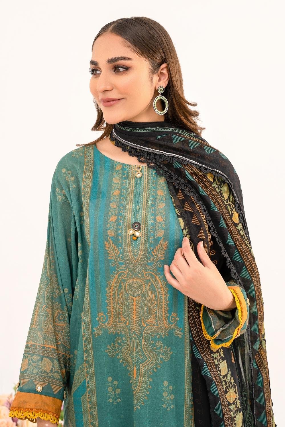 3 PC Unstitched | Printed Lawn Shirt + Trouser | Chiffon Dupatta