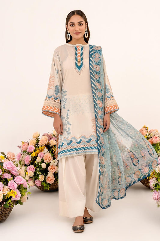 3 PC Unstitched | Printed Lawn Shirt + Trouser | Chiffon Dupatta
