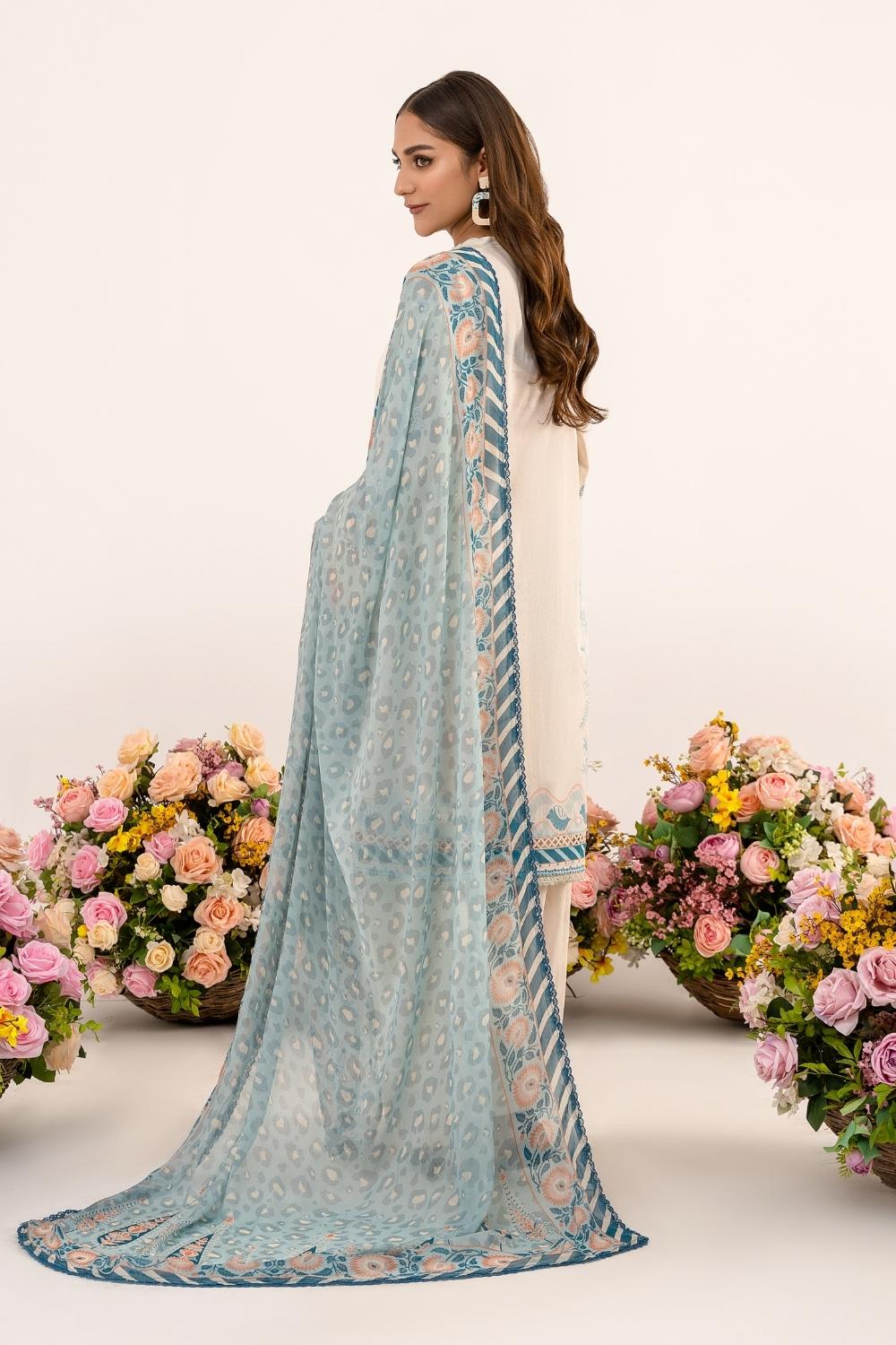 3 PC Unstitched | Printed Lawn Shirt + Trouser | Chiffon Dupatta