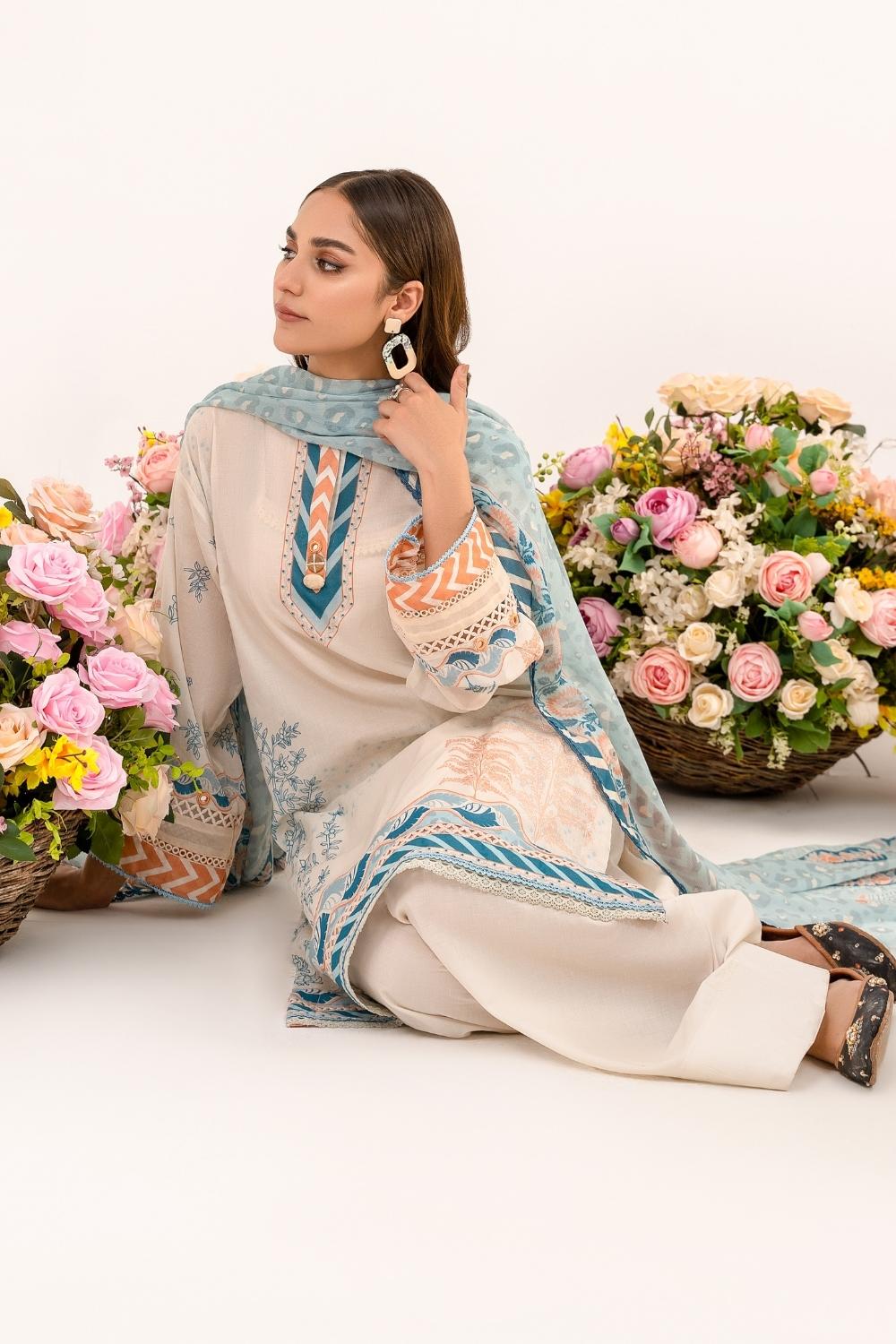 3 PC Unstitched | Printed Lawn Shirt + Trouser | Chiffon Dupatta