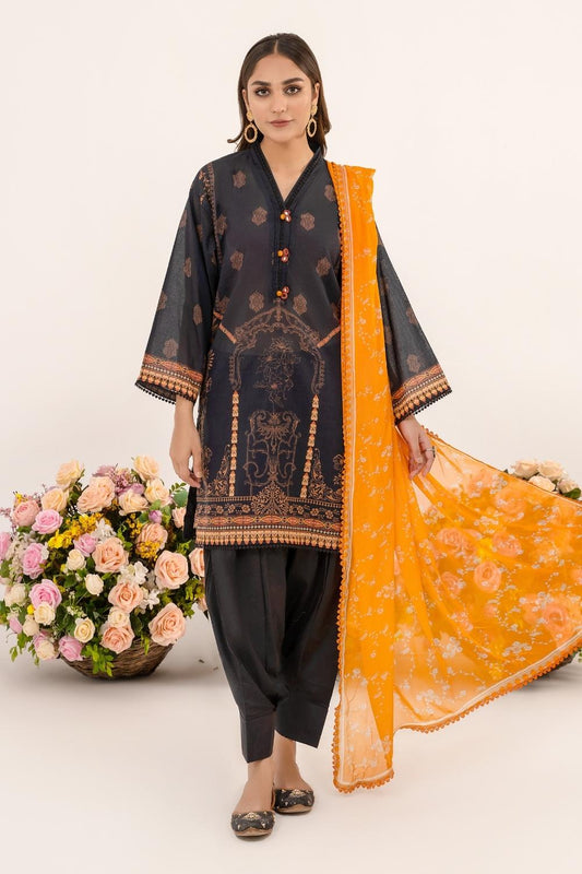 3 PC Unstitched | Printed Lawn Shirt + Trouser | Chiffon Dupatta