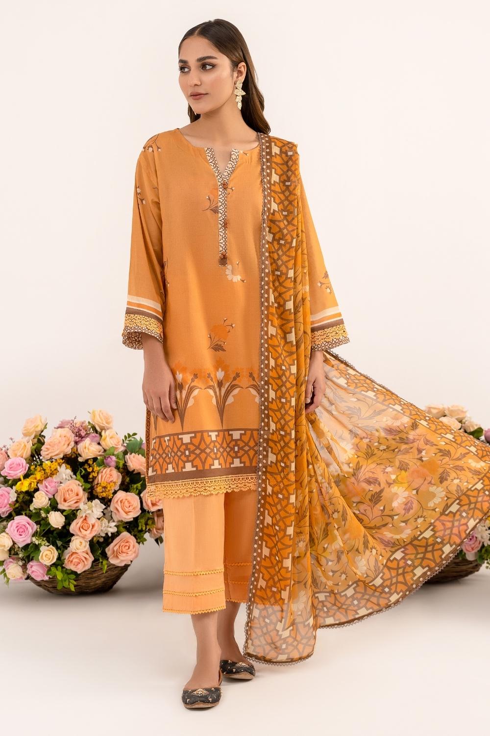 3 PC Unstitched | Printed Lawn Shirt + Trouser | Chiffon Dupatta