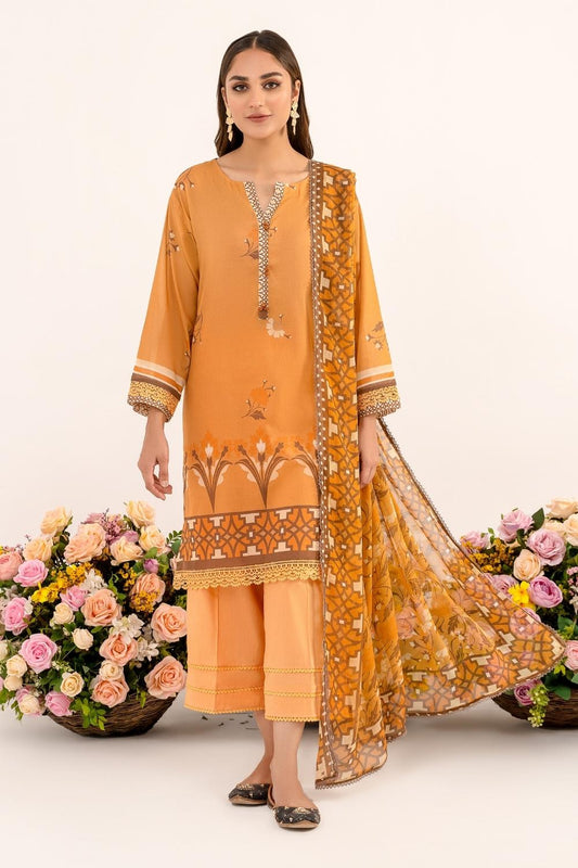 3 PC Unstitched | Printed Lawn Shirt + Trouser | Chiffon Dupatta